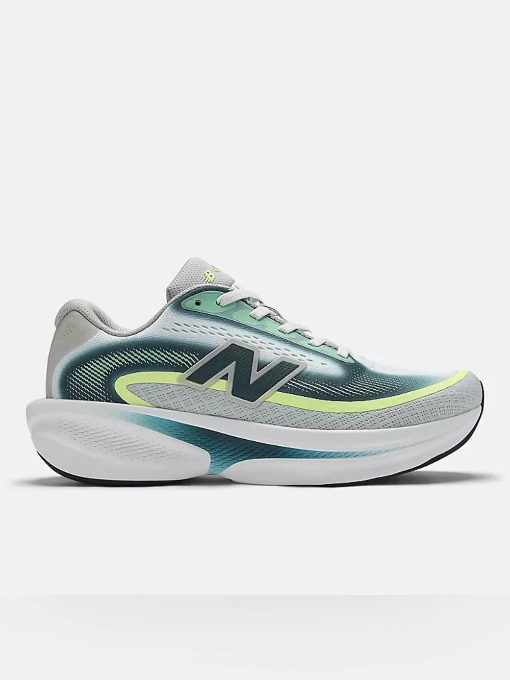 New Balance Grey Teal Running Shoe with Neon Yellow Accent